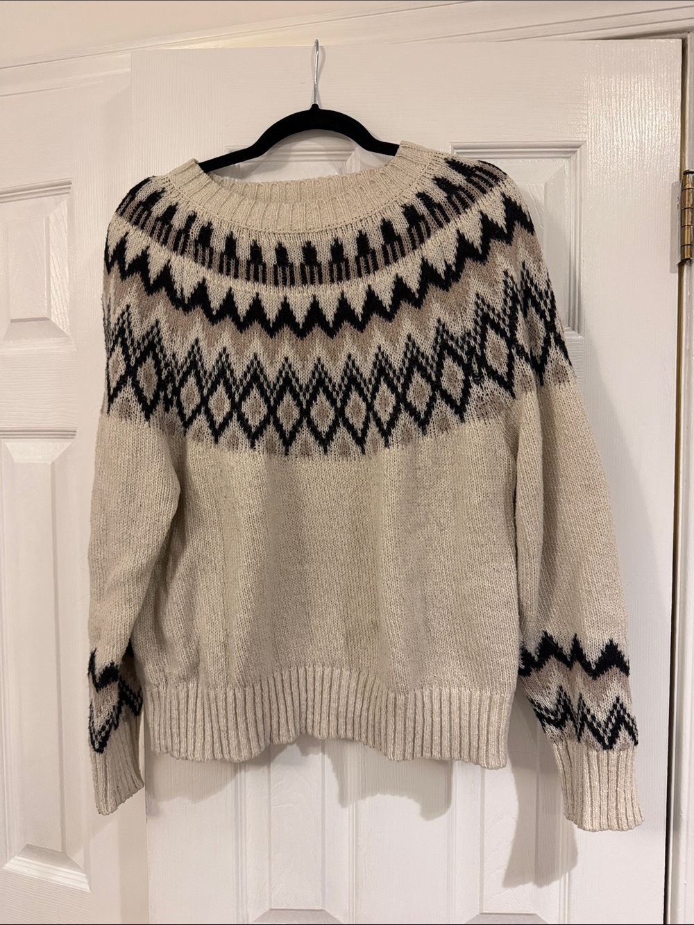 Lucky Brand Cream, Gold, and Black Fair Isle Crewneck Sweater